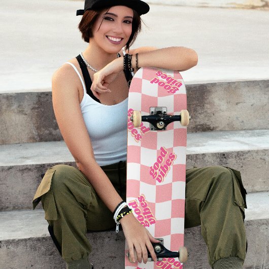 Good Vibes Girly Pastel Pink White Checked Skateboard