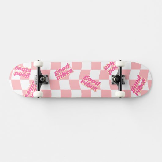 Good Vibes Girly Pastel Pink White Checked Skateboard (Horizontal)