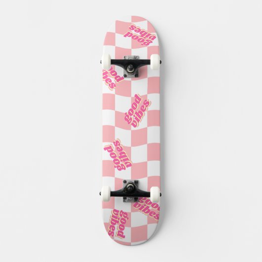 Good Vibes Girly Pastel Pink White Checked Skateboard (Vorderseite)
