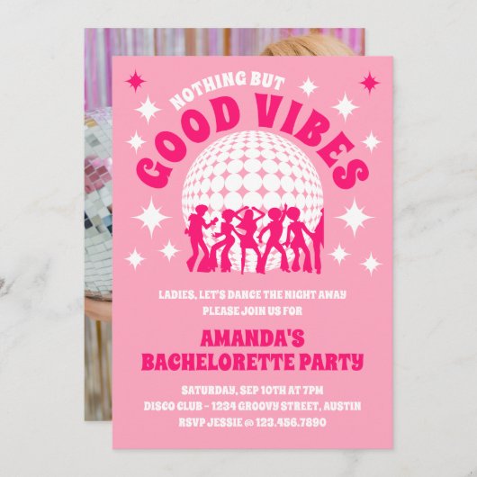 Good Vibes Groovy Pink Junggeselinnen-Abschied Einladung (Vorne/Hinten)