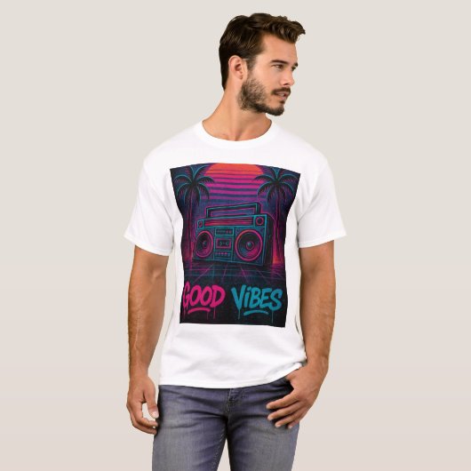 Good Vibes Neon Synthwave Graffiti Mural T-Shirt (Vorne ganz)