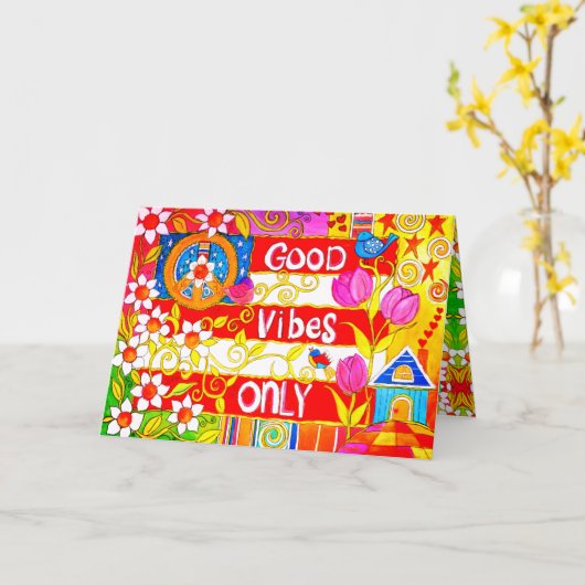 Good Vibes Only Peace Sign and Daisies Hippie Karte (Gelbe Blume)