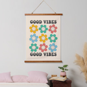 Good Vibes Retro farbenfrohe Daisy Blume Wandteppich Mit Holzrahmen