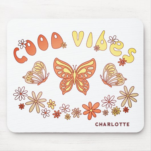 Good Vibes Retro Hippie Blume Butterfly Name Mousepad (Vorne)