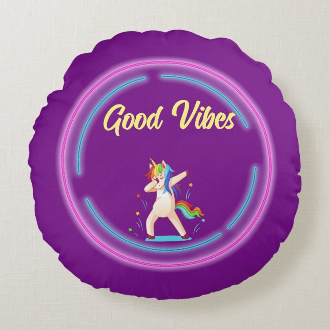 Good Vibes Unicorn Rundes Kissen (Vorderseite)