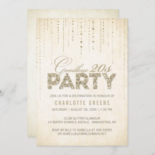 Goodbye 20s Gold Glitzer 30th Birthday Einladung (Vorne/Hinten)