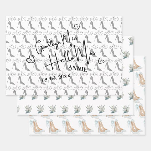 Goodbye Miss Hello Mrs. Brautparty white Geschenkpapier Set (Set)