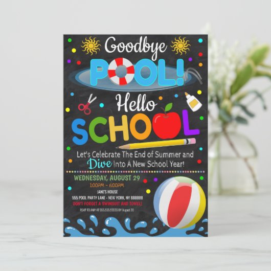 Goodbye Pool Hello School Party Einladung (Stehend Vorderseite)