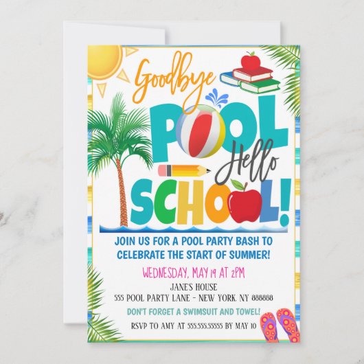 Goodbye Pool Hello School Party Einladung (Vorderseite)