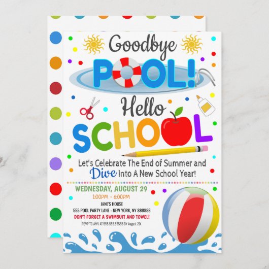 Goodbye Pool Hello School Party Einladung (Vorne/Hinten)