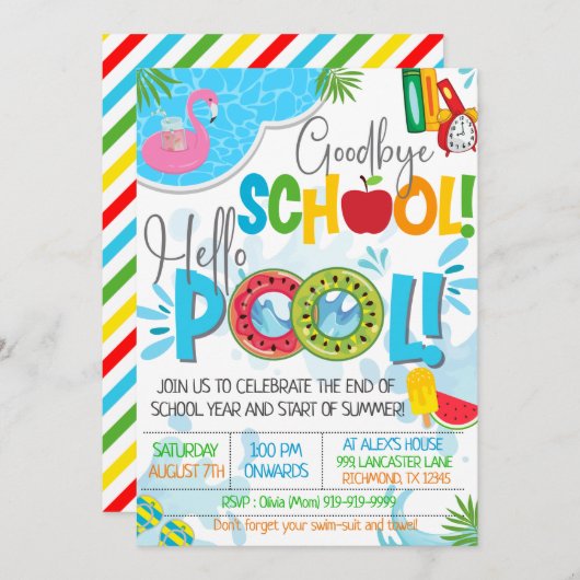 Goodbye School Hello Pool End of School Party Einladung (Vorne/Hinten)