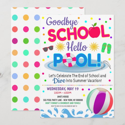 Goodbye School Hello Pool Party Einladung (Vorne/Hinten)