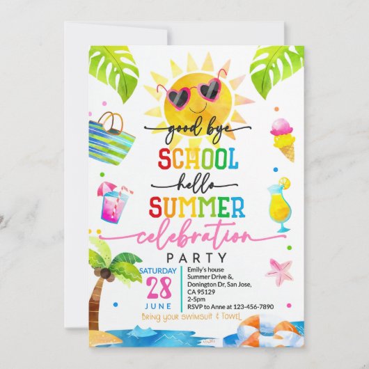 Goodbye School Hello Summer Invitation End of Scho Einladung (Vorderseite)