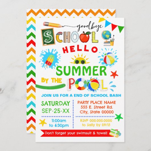 Goodbye School Hello Summer Pool Bash Einladung (Vorne/Hinten)