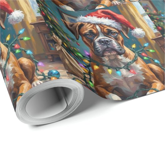 Goofy Boxer Dog Tangled in Christmas Lights Geschenkpapier (Rolleneckpunkt)