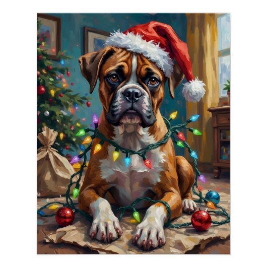 Goofy Boxer Dog Tangled in Christmas Lights Poster (Vorderseite)