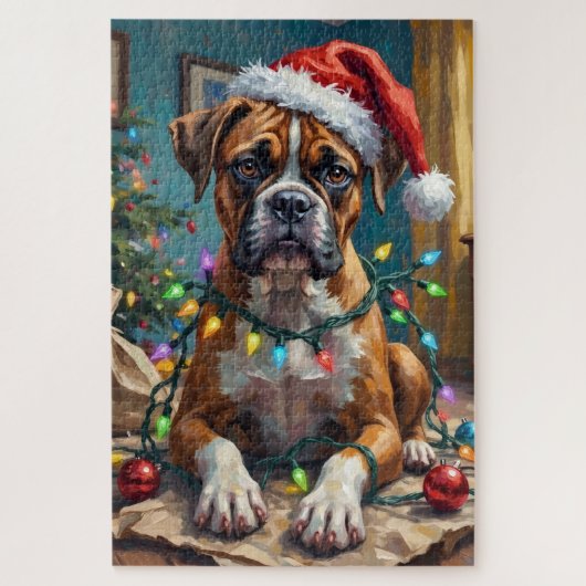 Goofy Boxer Dog Tangled in Christmas Lights Puzzle (Vertikal)