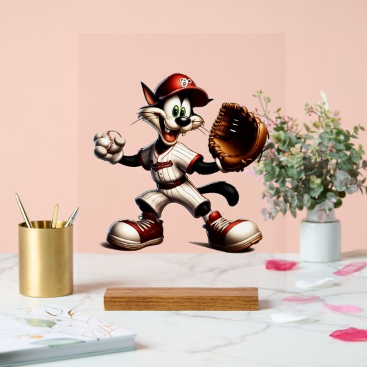 Goofy Cat Baseball Pitcher bricht auf Acrylschild (Hochzeit)