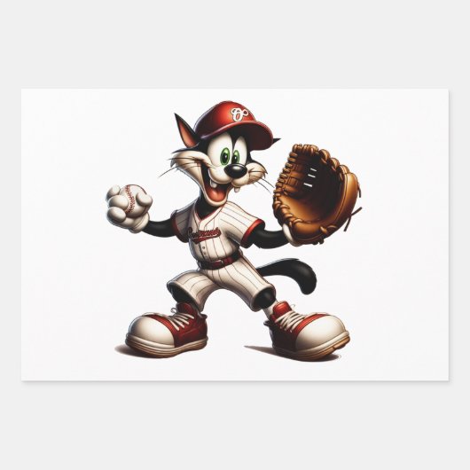 Goofy Cat Baseball Pitcher bricht auf Geschenkpapier Set (Vorderseite)