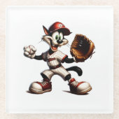 Goofy Cat Baseball Pitcher bricht auf Glasuntersetzer (Vorderseite)