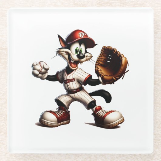 Goofy Cat Baseball Pitcher bricht auf Glasuntersetzer (Vorderseite)
