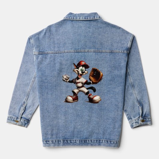 Goofy Cat Baseball Pitcher bricht auf Jeansjacke (Rückseite)