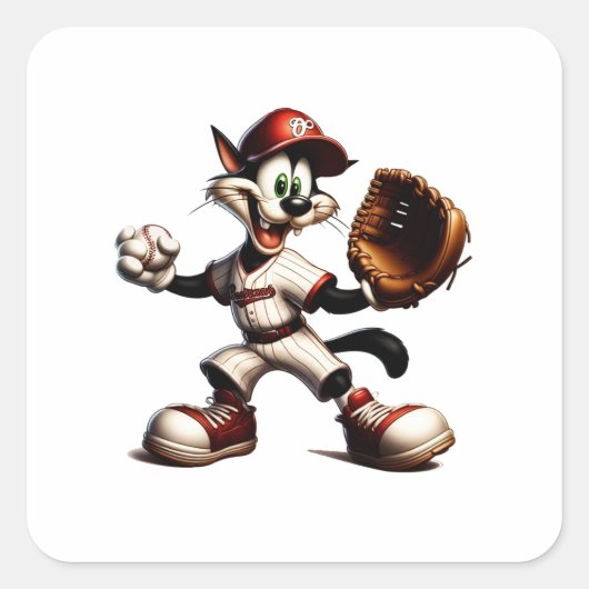 Goofy Cat Baseball Pitcher bricht auf Quadratischer Aufkleber (Vorderseite)