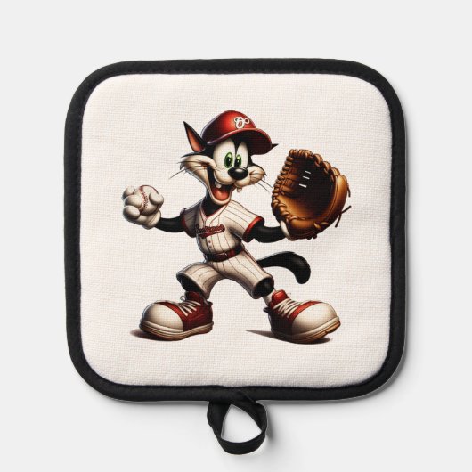Goofy Cat Baseball Pitcher bricht auf Topflappen (Vorderseite)