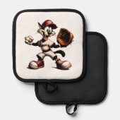 Goofy Cat Baseball Pitcher bricht auf Topflappen (Vorderseite/Rückseite)