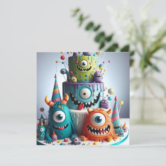 GOOFY WEIRD CRAZY MONSTER CAKE BIRTHDAY EINLADUNG (Stehend Vorderseite)
