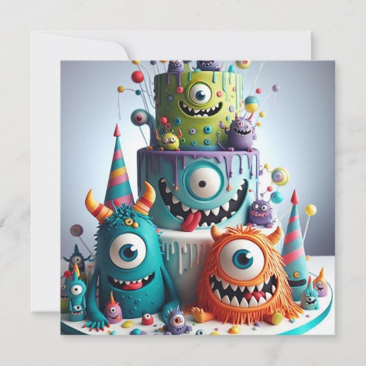 GOOFY WEIRD CRAZY MONSTER CAKE BIRTHDAY EINLADUNG (Vorderseite)