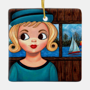 Googl Girl Sailor Head Vase Sailboat Niedlich Big Keramikornament