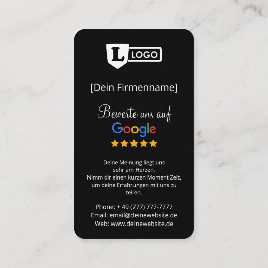 Google Bewertungskarte mit QR code Visitenkarte (Rückseite)