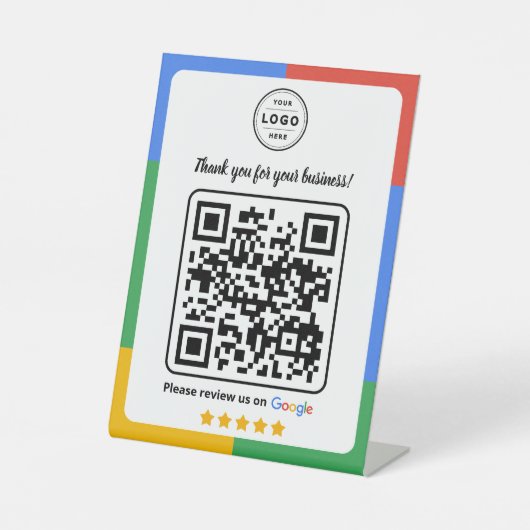 Google Review-Anfragekarte mit Logo und QR-Code Sockelschild (Vorderseite)