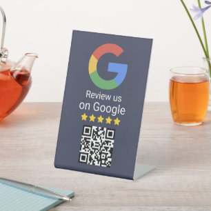 Google Review QR Code Blaues Geschäft Tischschild Sockelschild