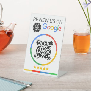 Google Review QR Code mit Sternen Weiß Sockelschild