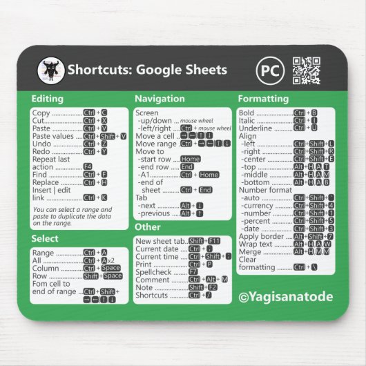 Google Sheets Keyboard Shortcuts for PC Mouse Pad Mousepad (Vorne)