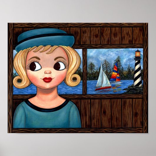 Googly Girl Sailor Head Vase Lighthouse Sailboat Poster (Vorne)
