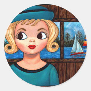 Googly Girl Sailor Head Vase Sailboat Runder Aufkleber