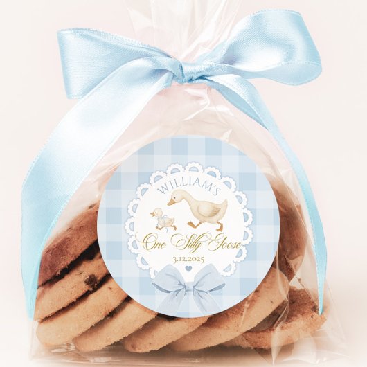 Goose 1st Birthday Blue gingham One Silly Goose Runder Aufkleber