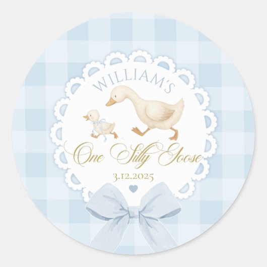 Goose 1st Birthday Blue gingham One Silly Goose Runder Aufkleber (Vorderseite)