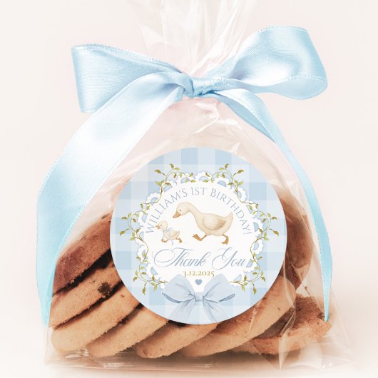 Goose Birthday Blue Gingham Thank you Runder Aufkleber