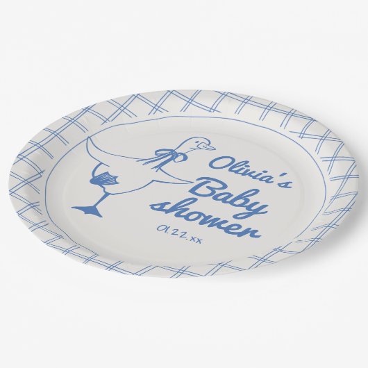 Goose Hand Drawn Blue Boy Classic Baby Shower Pappteller (Schrägansicht)