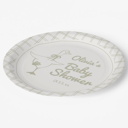 Goose Hand Drawn Neutral Ribbon Baby Shower Pappteller (Schrägansicht)