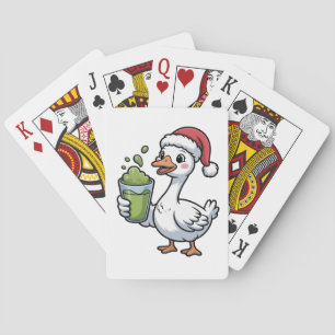 Goose Holding Matcha Drink Tragen Weihnachtsmannmü Spielkarten