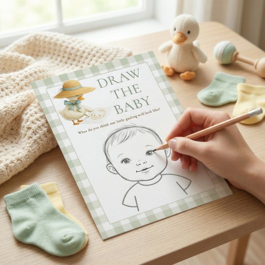 Goose Sage Gingham Draw The Baby Shower Game Card Einladung