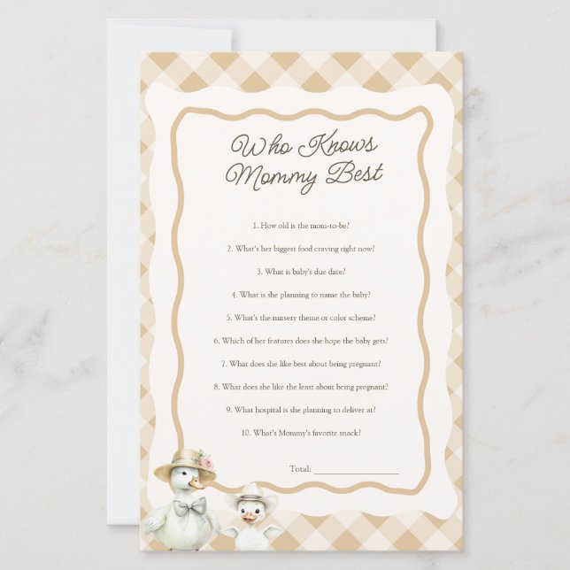 Goose Themed Wer Mommy Best Baby Shower Game kennt (Vorderseite)