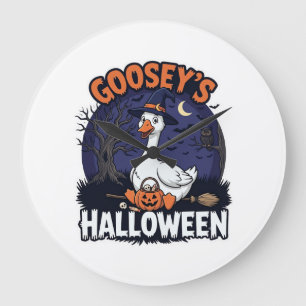 Gooseys Halloween-Gans-Hexenhut-Kürbis_1 Große Wanduhr