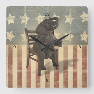 GOP Elephant Takes Over the Chair Funny Political Quadratische Wanduhr
