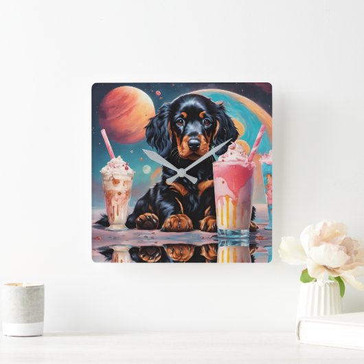 Gordon Setter Puppy N Milkshakes Quadratische Wanduhr (Zuhause)